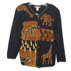 Leopard Cheetah Cardigan Sweater L Black Brown Safari Elephant Embroidered READ
